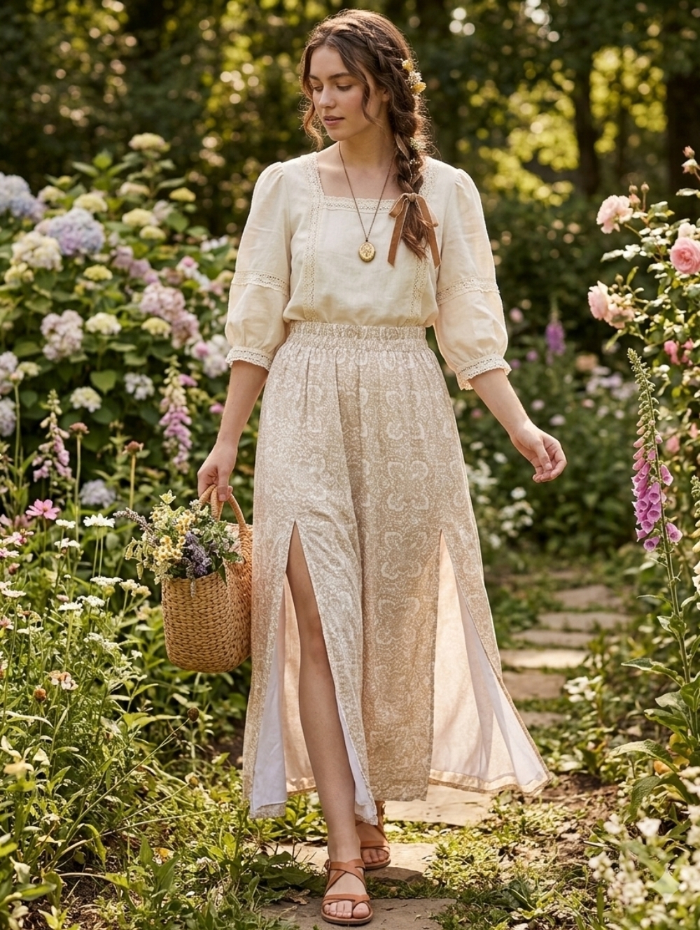 Patterned Side-Slit Maxi Skirt tan white  Cottagecore boho chic summer